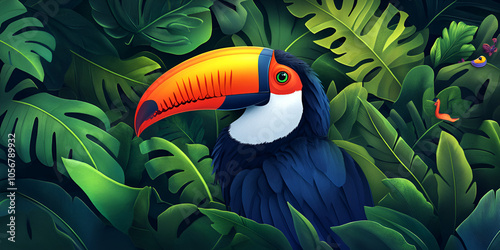 Colorful Toucan Bird in Tropical Jungle
