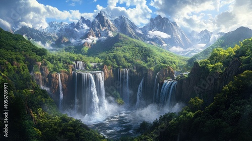 Majestic Waterfalls in a Lush Mountain Valley