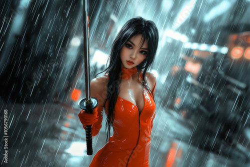 Beautiful Asian girl  in red latex suit clothing holding katana in hand on a empty street background.