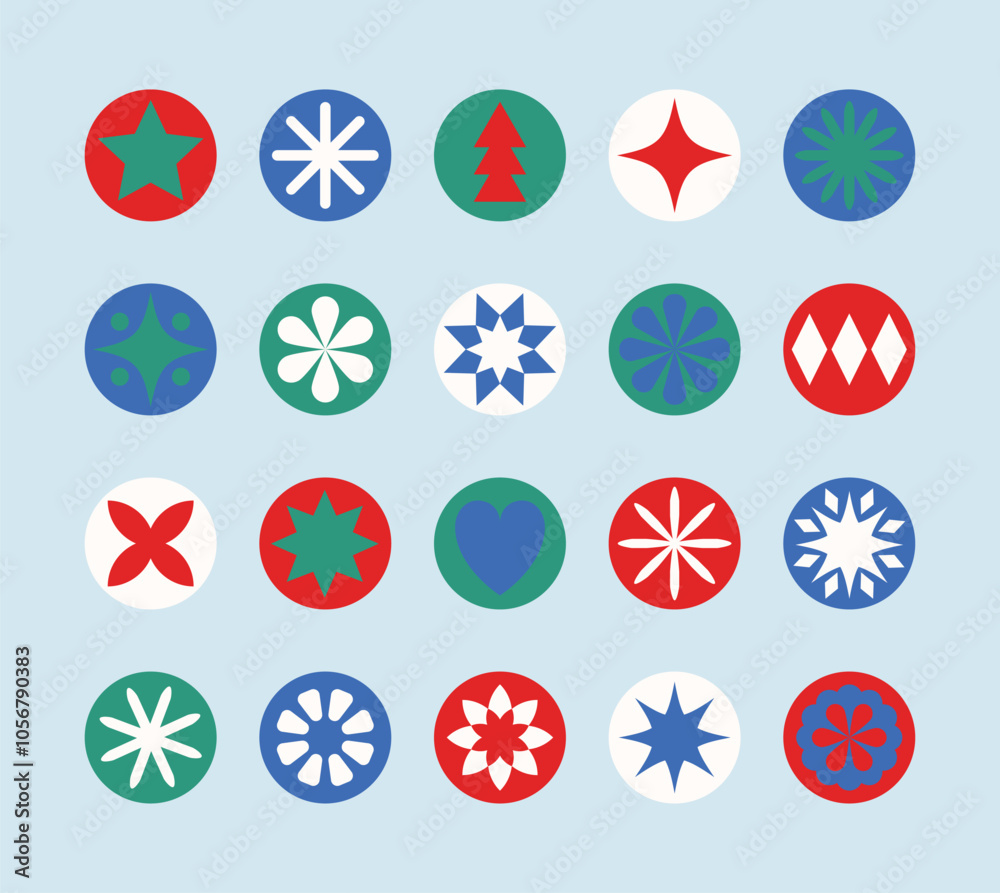 Colourful Christmas ball icon set. Snowflakes and stars. Ornaments. Vector illustration Colourful Christmas ball icon set. Snowflakes and stars. Ornaments. Vector illustration