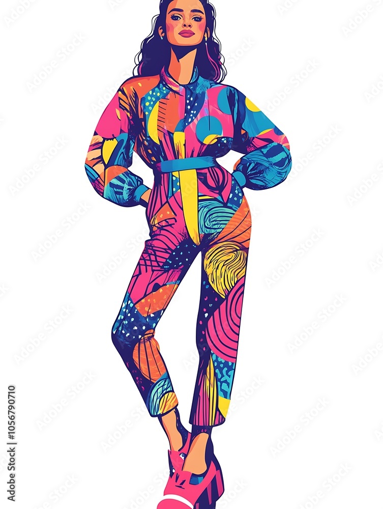 Cartoon girl in a funky jumpsuit with patterns on a white background. Cartoon girl in a funky jumpsuit with patterns on a white background.