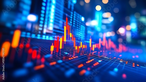 Digital stock market chart with red and orange color background