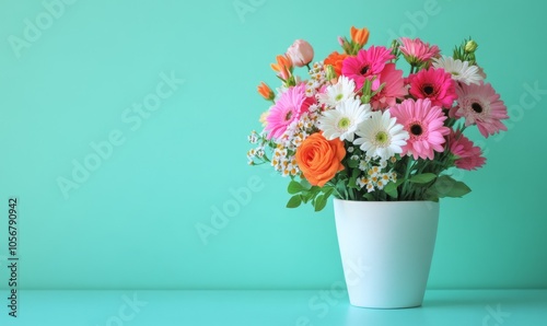 Wallpaper Mural A vibrant bouquet of birthday flowers in soft shades of pink, orange, and white arranged in a simple white vase on a teal table Torontodigital.ca