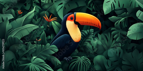 Colorful Toucan Bird in Tropical Jungle