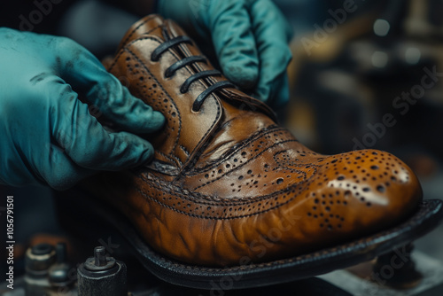 Shoemaker hands crafting expensive leather shoes on retro style workbench close up background..