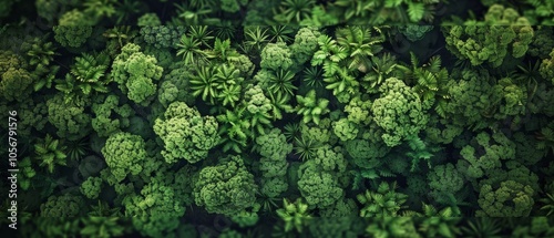 A top-down perspective of a dense green forest canopy, showcasing the vibrant foliage of a tropical