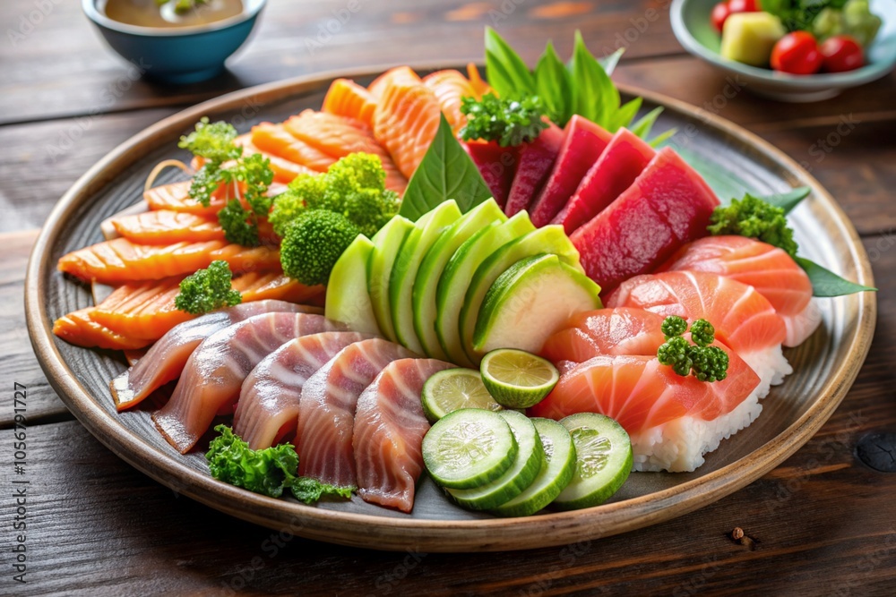 A plate of sushi with a variety of vegetables and fish