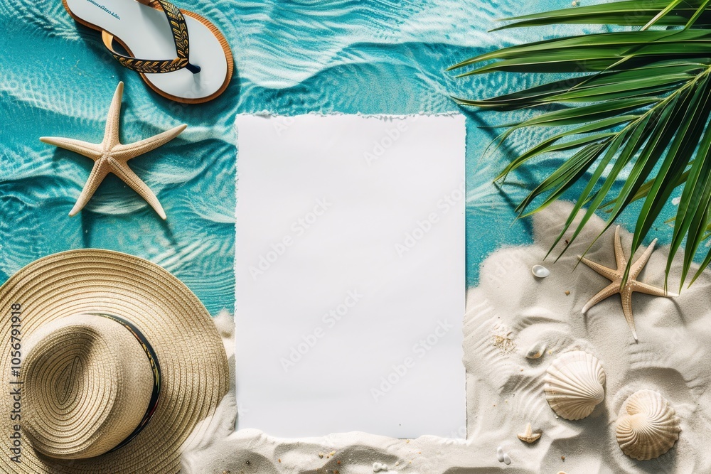 Naklejka premium A top-down view of a blank paper set on soft white sand, perfectly complemented by a serene blue