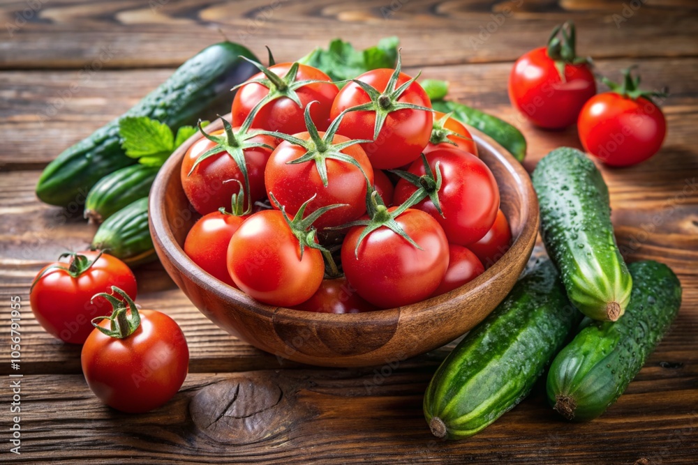 A bowl of salad with tomatoes, cucumbers, and herbs on a wooden table A bowl of salad with tomatoes, cucumbers, and herbs on a wooden table