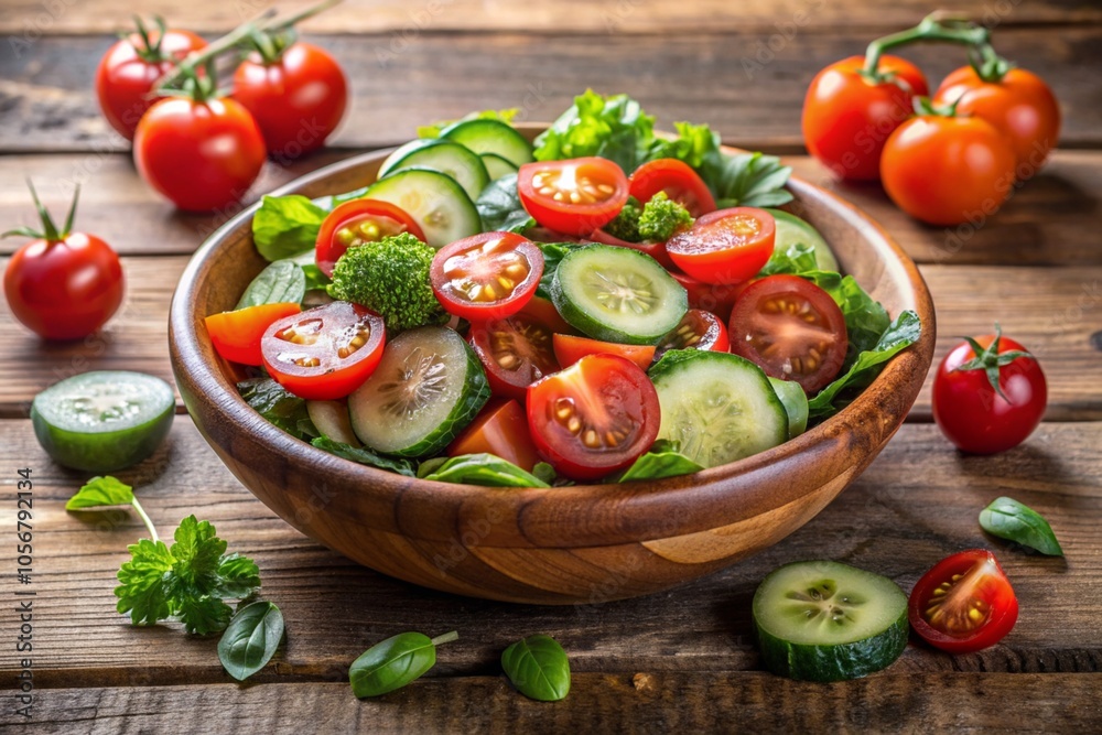 A bowl of salad with tomatoes, cucumbers, and herbs on a wooden table A bowl of salad with tomatoes, cucumbers, and herbs on a wooden table
