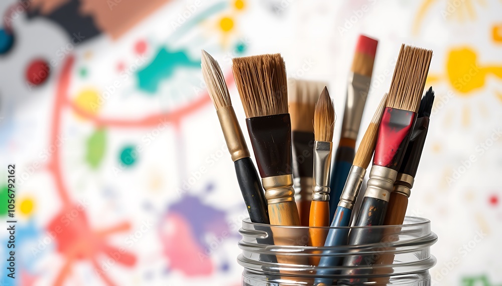 Fototapeta premium Paintbrushes in a Jar on a Colorful Background,