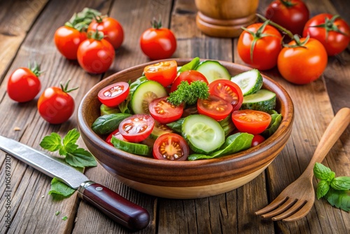 A bowl of salad with tomatoes, cucumbers, and herbs on a wooden table