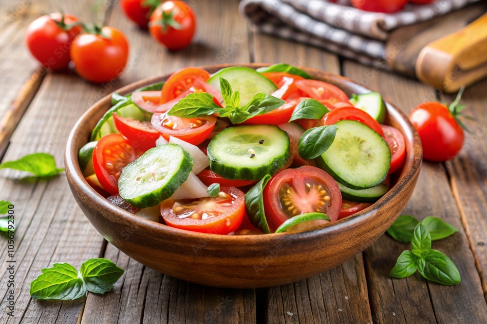 A bowl of salad with tomatoes, cucumbers, and herbs on a wooden table A bowl of salad with tomatoes, cucumbers, and herbs on a wooden table
