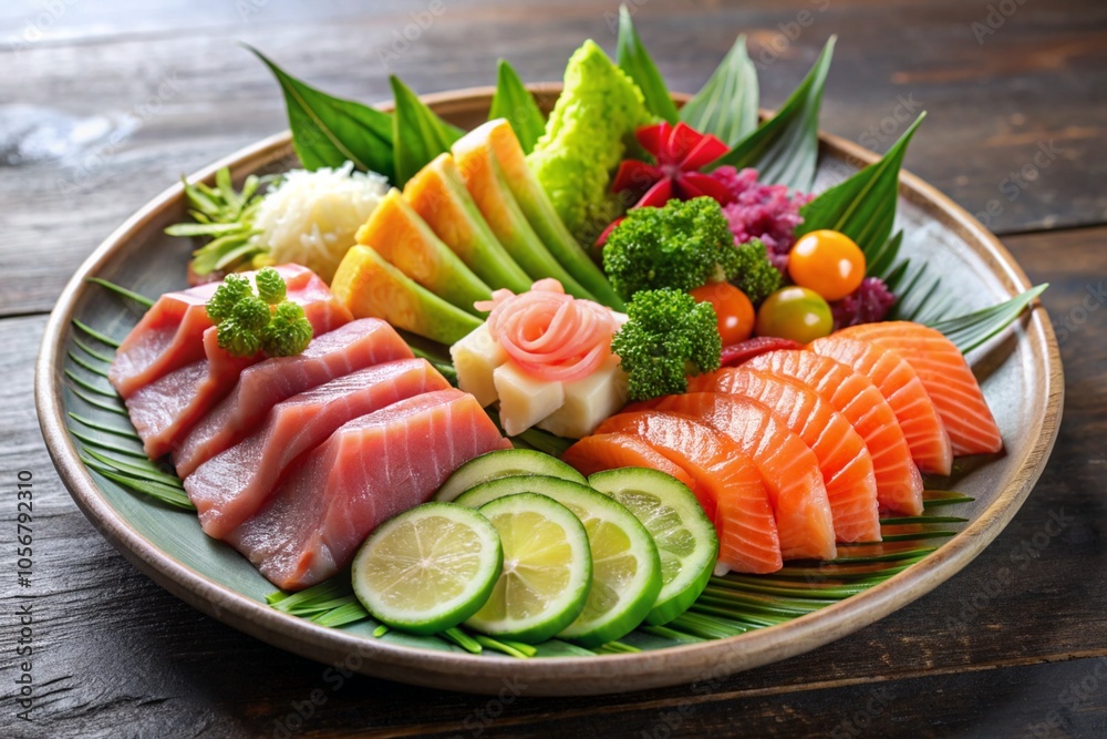 A plate of sushi with a variety of vegetables and fish A plate of sushi with a variety of vegetables and fish