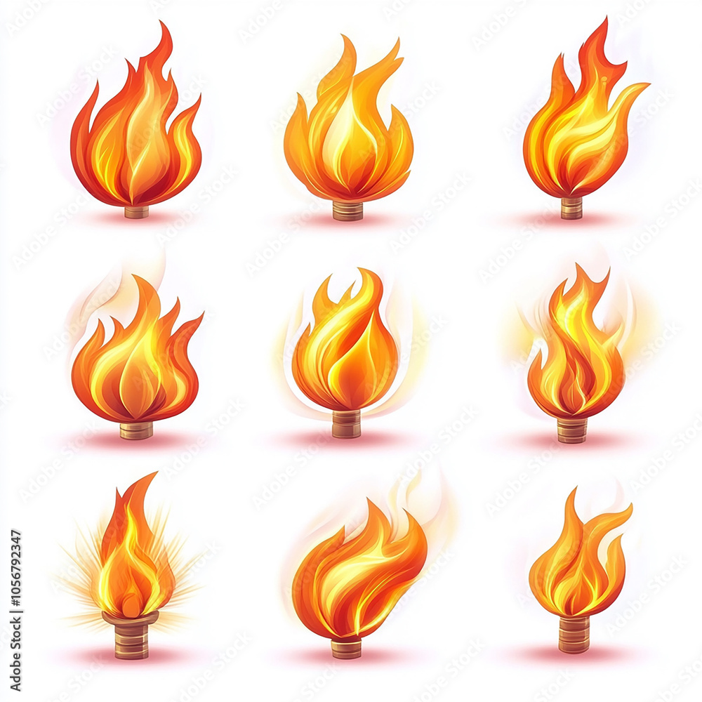 Realistic fiery flame illustrations set on white background
