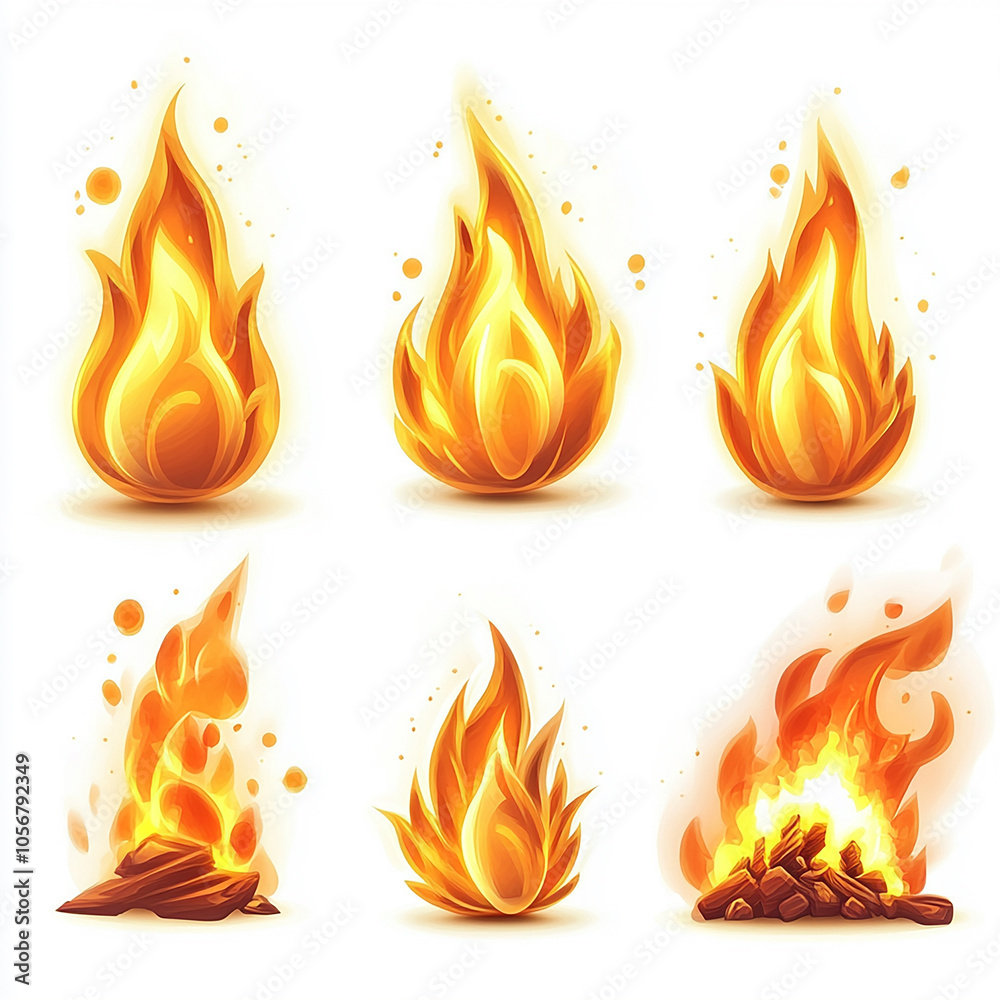 Realistic fiery flame illustrations set on white background
