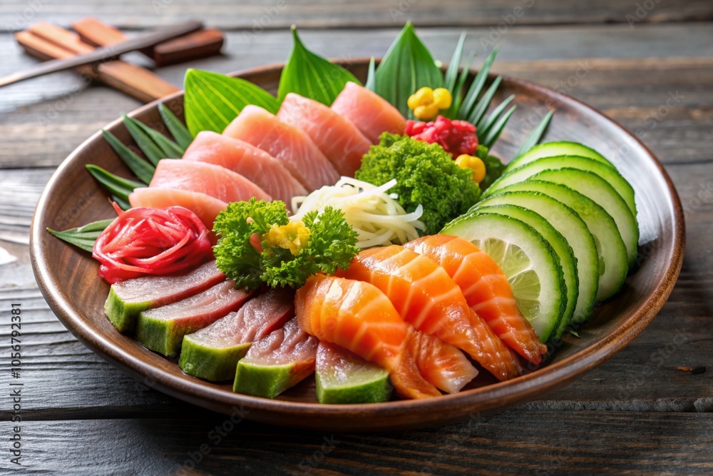 A plate of sushi with a variety of vegetables and fish A plate of sushi with a variety of vegetables and fish