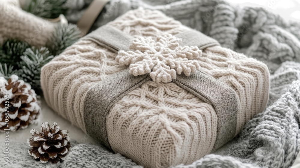Warm Winter Gift Box Adorned with Soft Knit Fabric Featuring a Woolen Ribbon and Decorative Snowflakes Warm Winter Gift Box Adorned with Soft Knit Fabric Featuring a Woolen Ribbon and Decorative Snowflakes