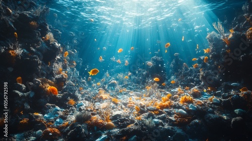 Sunbeams Illuminate a Vibrant Underwater Reef with Orange Fish