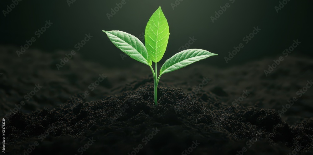 Naklejka premium New Seedling Emerges from Wild Soil, Fresh Leaves Reaching Upward Towards the Sun