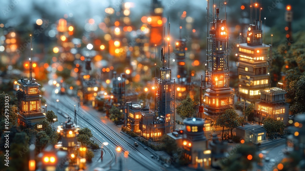 Obraz premium A vibrant miniature cityscape illuminated at night.