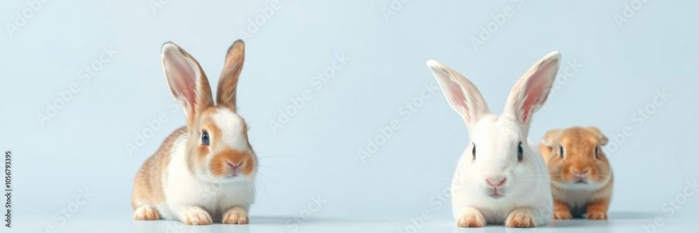 Abstract clip art of white rabbits with long funny ears on pastel blue background, minimalist, AI generated, digital design, rabbits, AI generated Abstract clip art of white rabbits with long funny ears on pastel blue background, minimalist, AI generated, digital design, rabbits, AI generated