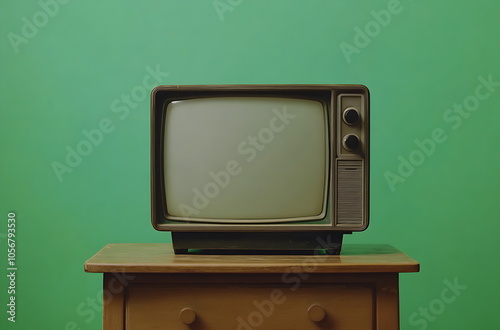 Vintage television set on a wooden table agains, Generative AI