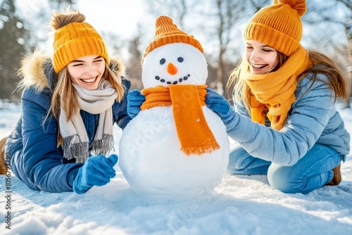  Dos jóvenes decoran un muñeco de nieve con bufandas y gorros coloridos en un parque cubierto de nieve. Ambas están sonrientes y disfrutan de esta actividad de invierno en un día soleado.
 photo