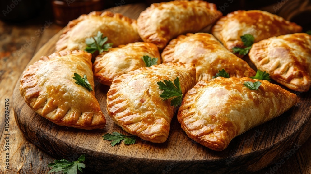 An inviting display of golden brown empanadas embellished with parsley arranged on a wooden serving board An inviting display of golden brown empanadas embellished with parsley arranged on a wooden serving board