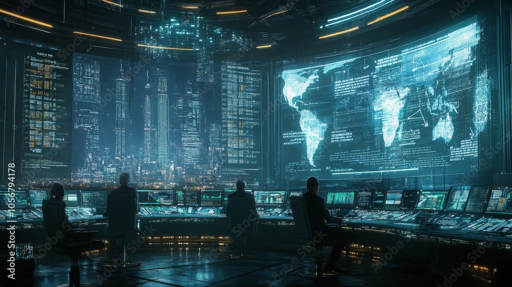 Control Room with View of Illuminated City Skyline and Digital Data Screens Control Room with View of Illuminated City Skyline and Digital Data Screens