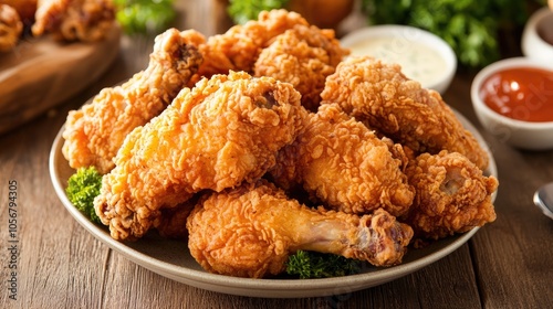 Crispy fried chicken with seasoned batter golden brown finish and spicy flavor highlighting a classic fried chicken dish