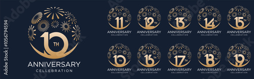 set of 10 to 19th anniversary logotype design, with golden fireworks for celebration event, wedding, and birthday, vector illustration