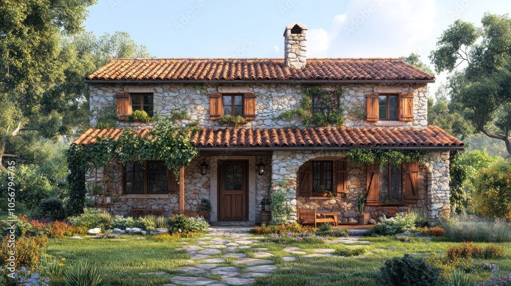 Charming stone house with a rustic design and lush greenery. Charming stone house with a rustic design and lush greenery.
