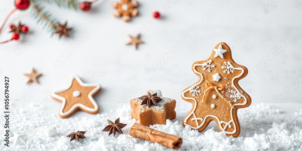 Christmas background with tree-shaped spices cookies surrounded by cinnamon sticks and cloves, winter, gingerbread Christmas background with tree-shaped spices cookies surrounded by cinnamon sticks and cloves, winter, gingerbread