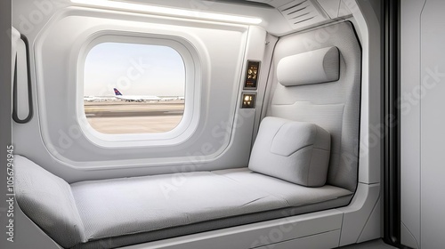 Jet lag recovery space with a daybed-style lounge seat, gentle overhead lighting, and a view of the airport runway, creating a relaxing, visually balanced environment photo