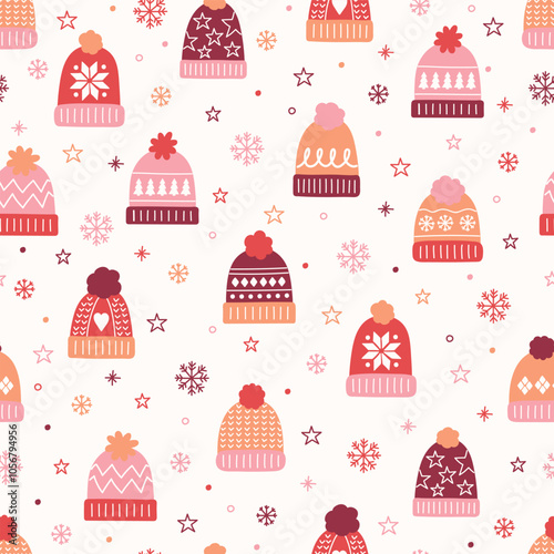 Cute hand drawn winter hat background. Design of a Christmas seamless pattern. Vector illustration