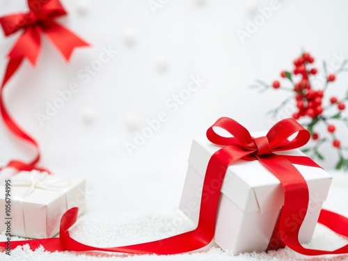 Christmas banner featuring a white gift box adorned with a red bow and mistletoe, Christmas, xmas photo