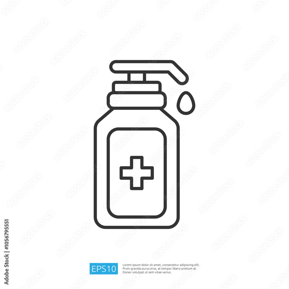 A simple line drawing of a pump bottle with a cross symbol, typically representing a disinfectant or hand sanitizer, indicating health and hygiene.
