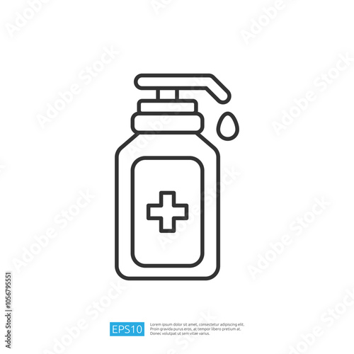 A simple line drawing of a pump bottle with a cross symbol, typically representing a disinfectant or hand sanitizer, indicating health and hygiene.