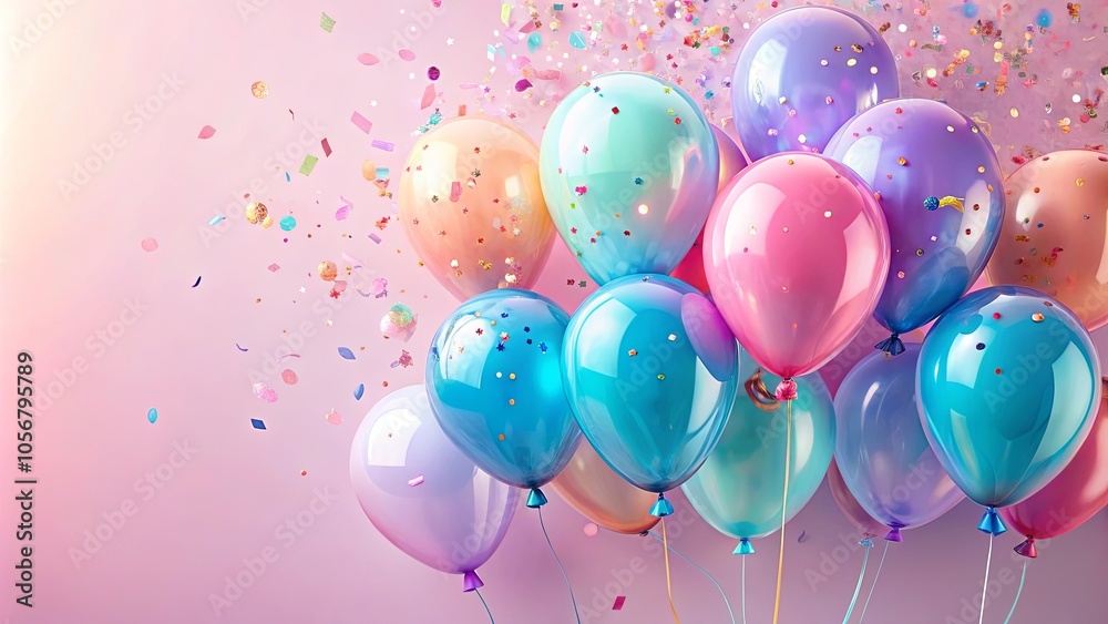 A cluster of colorful balloons against a soft pink backdrop, with a scattering of confetti adding a touch of whimsy. A cluster of colorful balloons against a soft pink backdrop, with a scattering of confetti adding a touch of whimsy.