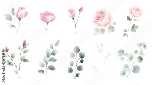 Wallpaper Mural Watercolor Clipart Set of Pink and Green Floral Elements Featuring Roses, Eucalyptus Leaves, and Wildflowers on White Background, in Soft Pastel Colors and Simple Elegant Style, High Resolution Torontodigital.ca