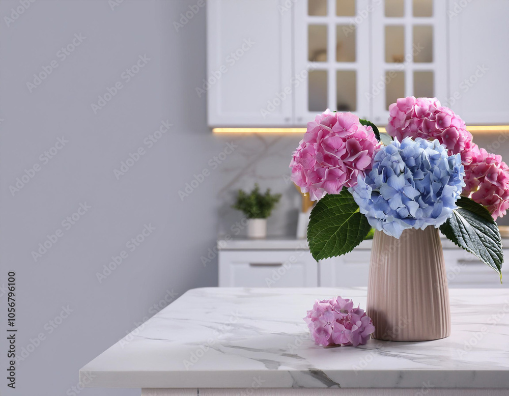 Elegant Hortensia Flowers Adorn White Marble Table for Serene Setting