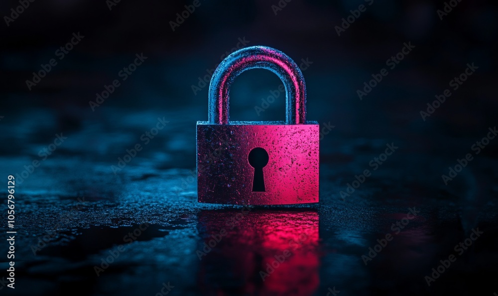 Fototapeta premium Abstract image of a padlock with pink and blue lighting, symbolizing security, protection, and privacy on a dark background