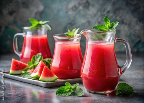 Wallpaper Mural Refreshing Watermelon Mint Juice in Glass Jugs Against a Gray Background - Low Light Photography for Summer Refreshment Torontodigital.ca