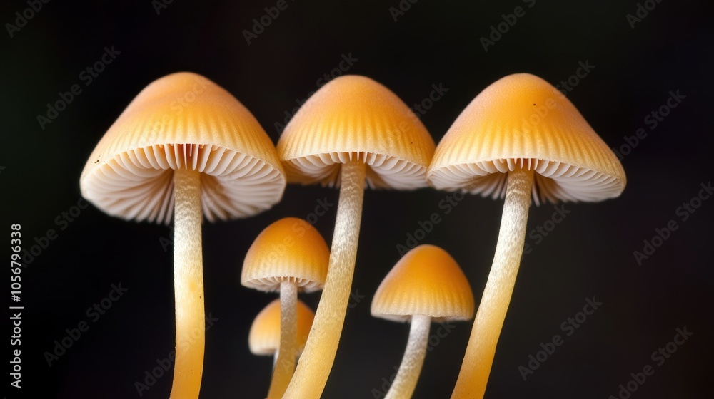 Captivating close-up of golden mushrooms illuminated against a dark background showcasing nature's intricate beauty