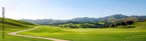 Lush valley scene with winding pathways through green fields, patches of trees dotting the landscape, soft sunlight enhancing textures, soft tones, inviting warmth, clean layout