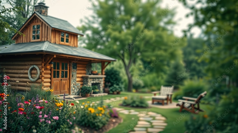 Charming Log Cabin Surrounded by Lush Garden Charming Log Cabin Surrounded by Lush Garden
