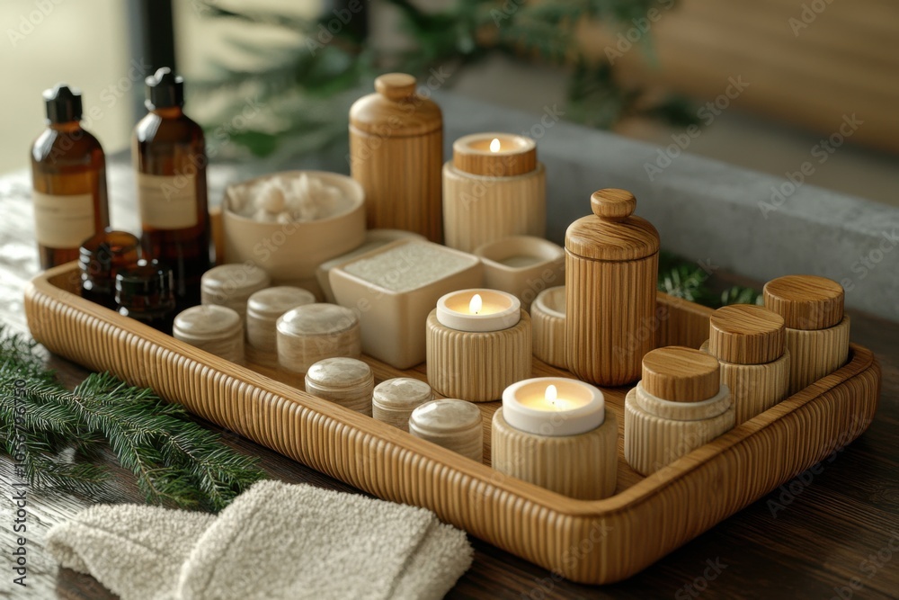 Relaxing Spa Essentials Arranged on a Wooden Tray Surrounded by Lush Greenery, Creating a Serene Ambiance for a Luxurious Home Spa Experience, Perfect for Self-Care and Relaxation Relaxing Spa Essentials Arranged on a Wooden Tray Surrounded by Lush Greenery, Creating a Serene Ambiance for a Luxurious Home Spa Experience, Perfect for Self-Care and Relaxation
