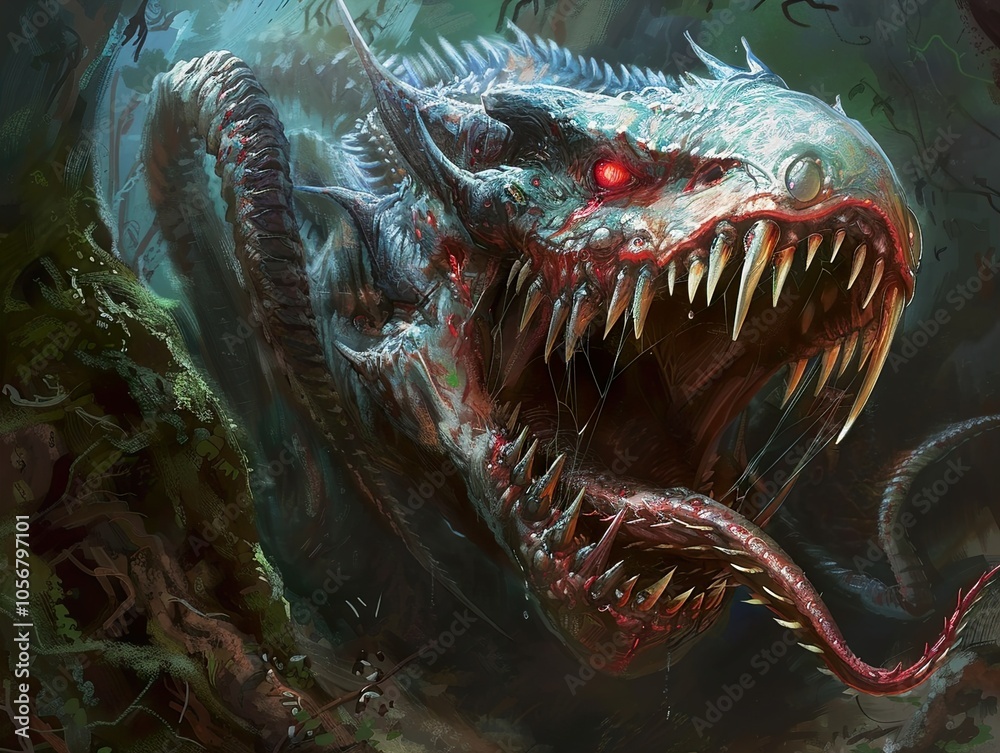 Ferocious Fantasy Monster with Sharp Teeth and Red Eyes Ferocious Fantasy Monster with Sharp Teeth and Red Eyes