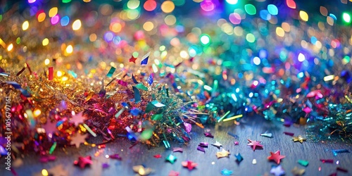 A shimmering expanse of colorful confetti scattered across a wooden surface, illuminated by a cascade of twinkling lights, creating a festive and celebratory ambiance.